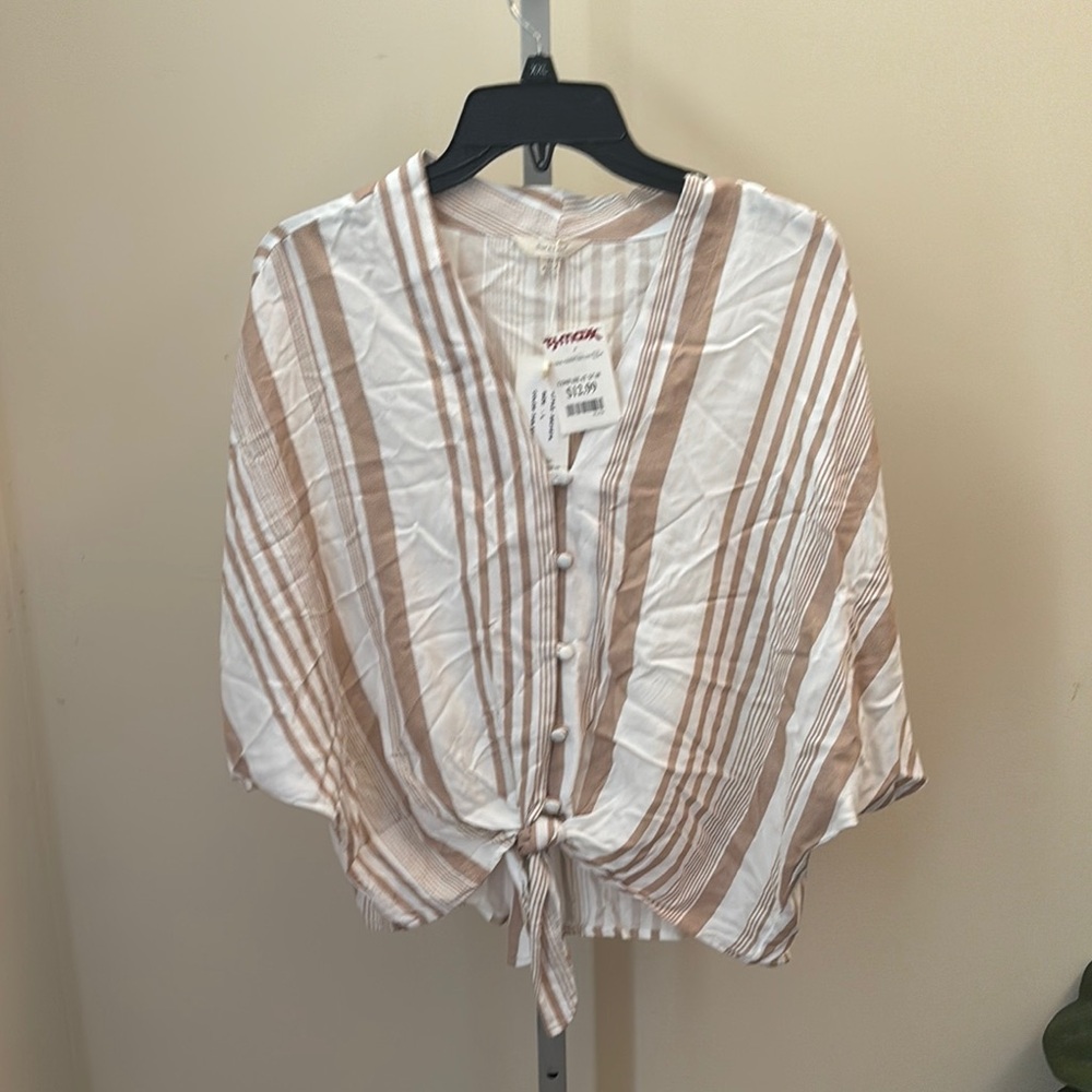 Tan Relaxed Tie Front Blouse with 3/4 Sleeves